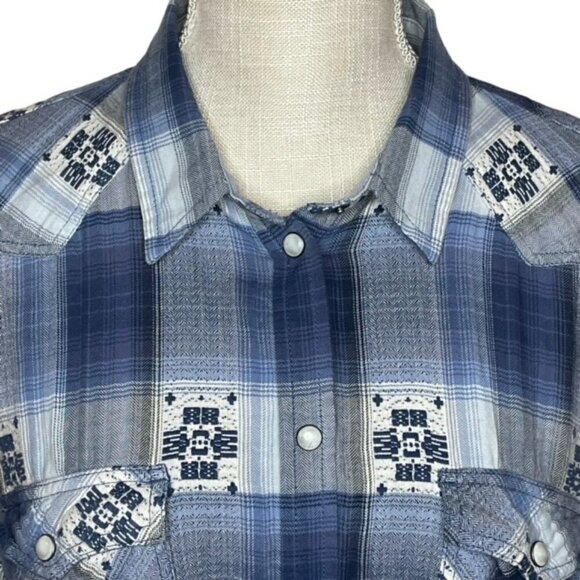 AMERICAN EAGLE Pearl Snap Boyfriend Fit Blue Plaid Shirt - Size XL - Picture 3 of 7